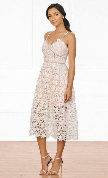 Party Midi Dress With Lace Bodice, Delicate Lace Midi Dress For Party, Feminine Delicate Lace Dress For Brunch, Spring Lace Bodice Midi Dress, Spring Lace Midi Dress With Lace Bodice, Spring Midi Lace Dress With Lace Bodice, Tea Length Scalloped Lace Dress, Tea Length Party Midi Dress With Lace Trim, Party Midi Dress With Lace Trim In Tea Length