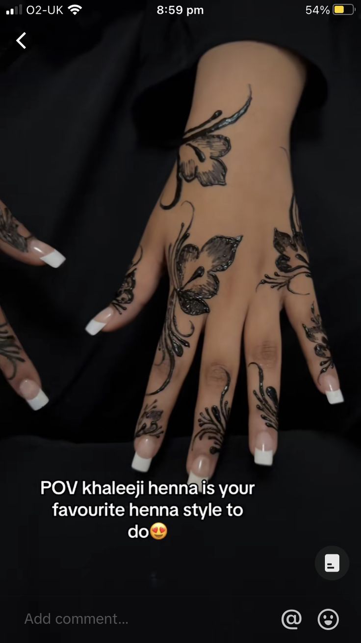 a woman's hand with tattoos on it and the words pov khalei hennalis your favorite henna style to do