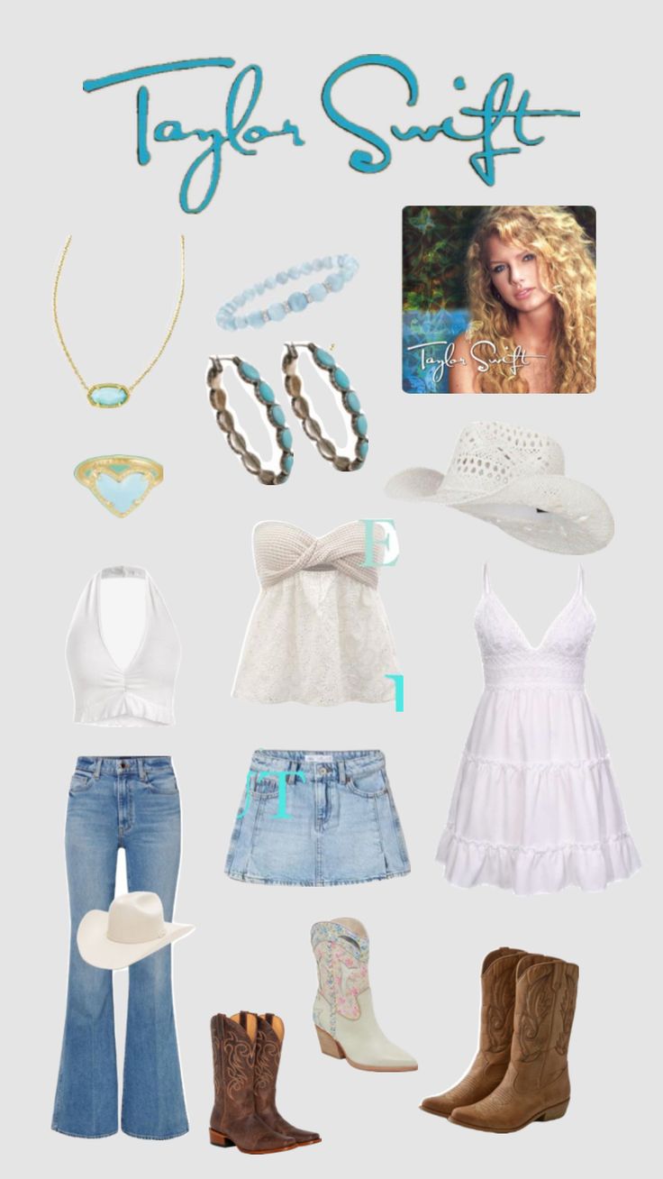 an image of a woman's clothes and accessories in the style of taylor swift