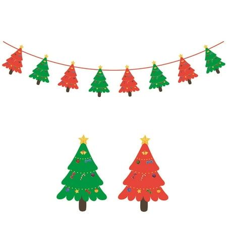 three christmas trees are hanging on a line