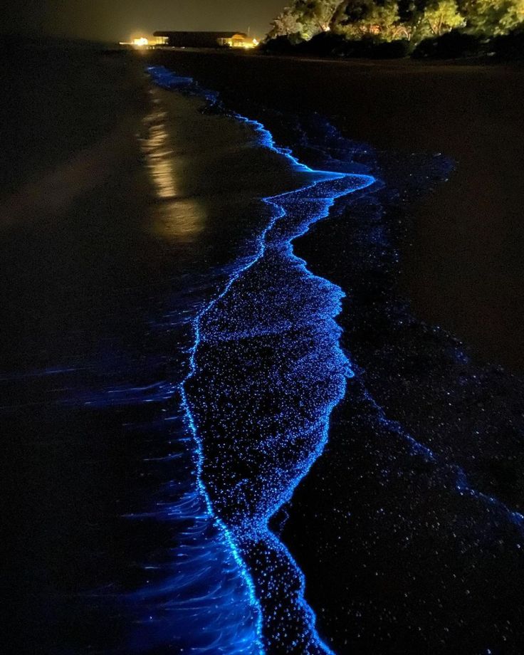 the beach is lit up at night with blue lights on it and waves coming in to shore