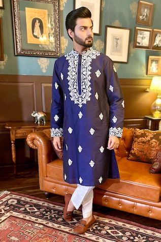 Blue kurta with thread embroidered floral patterns. Comes with pant style pyjama. - Aza Fashions Designer Embroidered Indigo Kurta, Embroidered Straight Kurta In Indigo, Embroidered Indigo Straight Kurta, Indigo Embroidered Straight Kurta, Indigo Traditional Wear With Chikankari Embroidery And Long Sleeves, Traditional Indigo Kurta With Dabka, Traditional Indigo Sets With Resham Embroidery, Blue Sherwani With Intricate Embroidery, Embroidered Indigo Kurta For Transitional Season