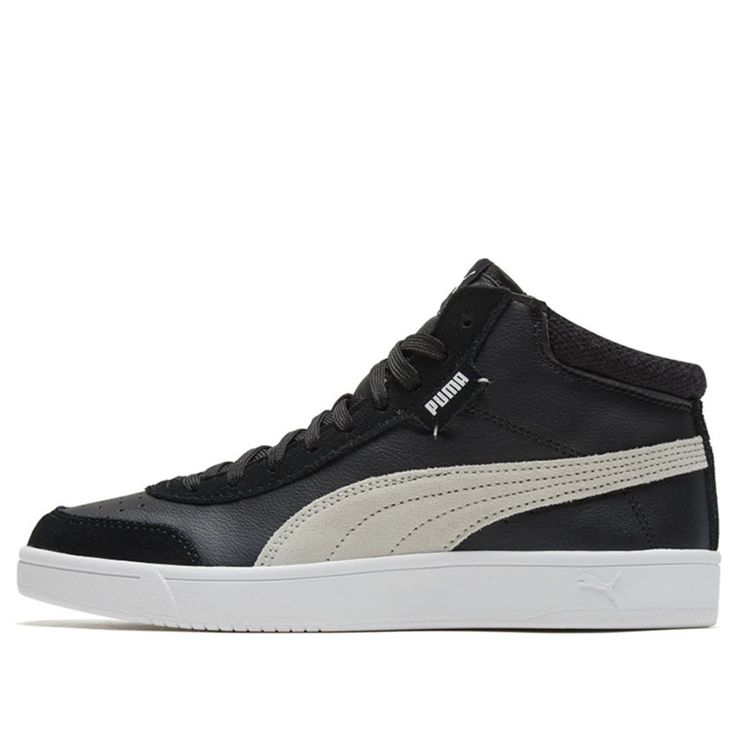 Black Lace-up Skate Shoes With Boost Midsole, High-top Black Basketball Shoes With Vulcanized Sole, Black High-top Basketball Shoes With Vulcanized Sole, High-top Leather Puma Sneakers, Puma Logo High-top Leather Sneakers, Black Leather Basketball Shoes With Vulcanized Sole, Black Mid-top Skate Shoes With Laces, Leather High-top Puma Sneakers, Black High-top Sneakers For Skateboarding