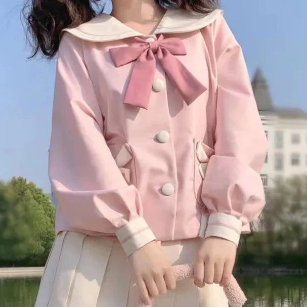 Pink Bunny Sailor Uniform Outfit Harajuku Style Fall School Tops, Harajuku Style Long Sleeve Tops For Spring, Spring Long Sleeve Harajuku Tops, Spring Harajuku Style Long Sleeve Tops, Kawaii Long Sleeve Tops For Fall, Harajuku Style Cotton Top For School, Harajuku Style Tops For Summer School, Preppy Pink Tops For Fall, Casual Long Sleeve Tops For Cosplay