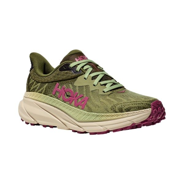 Trail-tested and street-approved, Hoka� Challenger ATR 7 Trail Running Shoes for women are designed and built to deliver Hoka's best all-terrain ride yet. Built around Hoka's high-stack, plush, compression-molded EVA foam midsoles, these performance trail runners deliver an ultra-soft cushioning feel under the feet mile after mile. These high performance platforms are topped with a plush, symmetrical cushion bed that provides a forgiving ride through impact, without any prescriptive stability technologies. Lightweight and supportive engineered mesh uppers surround your feet in breathable support, while featuring an extended heel pull offers easy entry. Inspired by gravel tires, the Challenger ATR 7's Durabrasion rubber outsoles feature an advanced tread design with 4mm lugs. This advanced Green Running Shoes With Branded Insole And Medium Fit, Green Trail Running Sneakers, Green Casual Sneakers For Trail Running, Green Sneakers With Air Cushioning For Outdoor, Dynamic Green Low-top Trail Running Shoes, Dynamic Low-top Green Trail Running Shoes, Green Lace-up Trail Running Sneakers, Green Lace-up Sneakers For Trail Running, Green Running Shoes With Vibram Sole And Round Toe