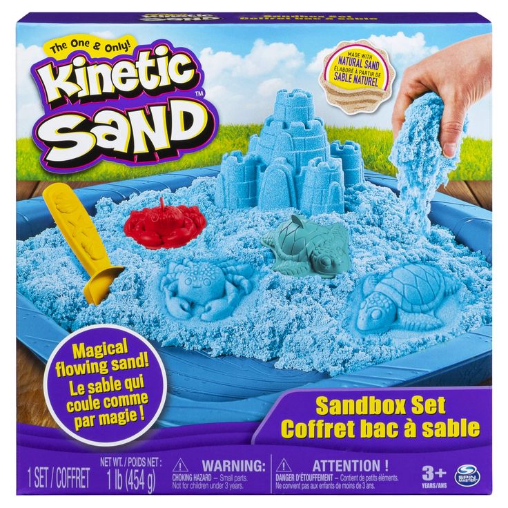 the sand box set is blue and has an image of a castle in it with hands on