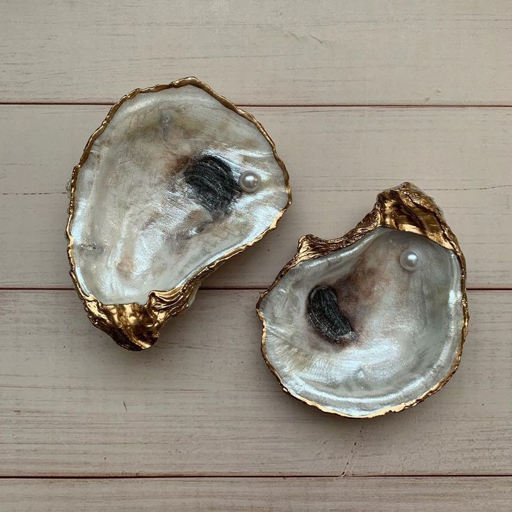 two oysters sitting on top of a wooden table