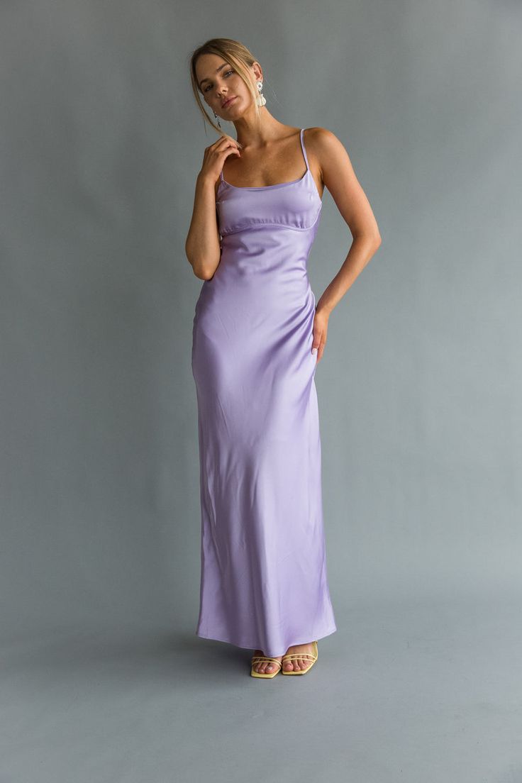 Front view | Purple Open back Maxi Dress | Formal dress Sorority Recruitment Outfits, American Threads, Open Back Maxi Dress, Recruitment Outfits, Lavender Dresses, Purple Tulips, Full Length Dress, Satin Maxi, Open Back