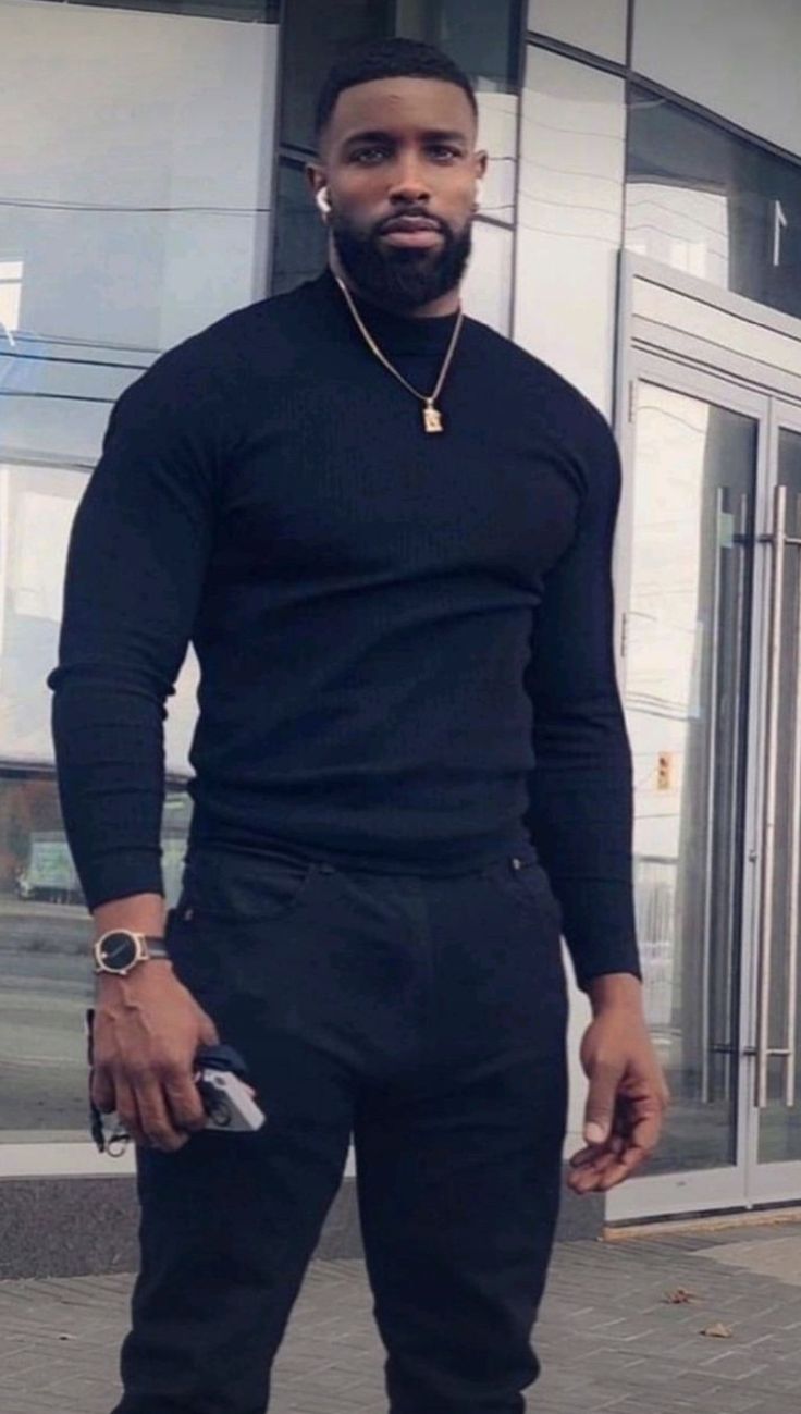 Black Man Outfits Men's Fashion, Semi Casual Men Outfits Black Man, Male Wedding Guest Outfit Black Man, Mens Fashion Going Out Outfits, All Black Date Night Outfit Men, Black Man Turtleneck Outfits, Black Mens Professional Fashion, Mens Outfits Dressy Classy, Black Male Style Casual