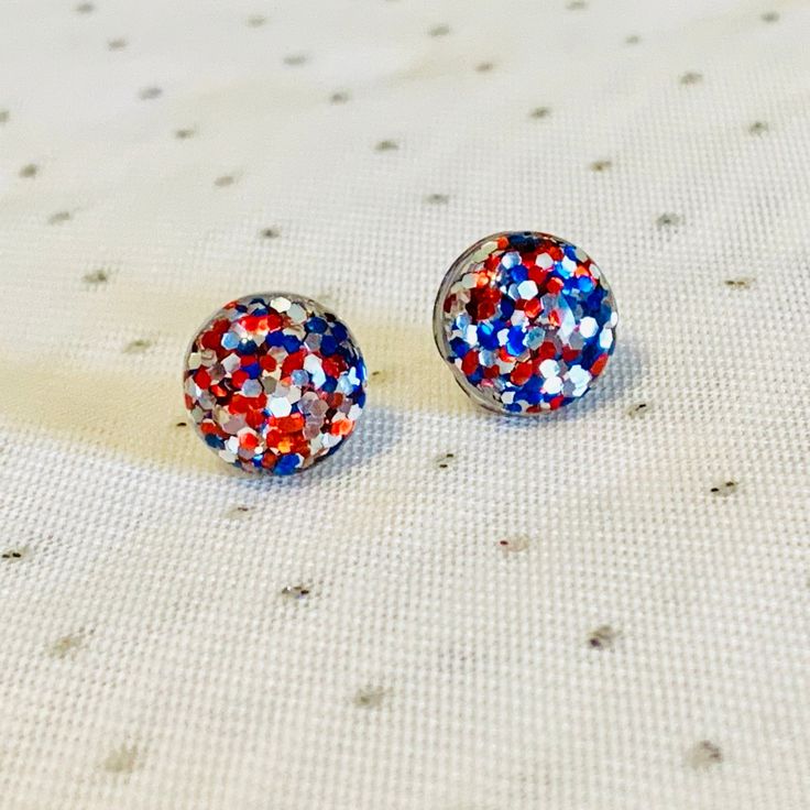 Red White and Blue Stud Earrings - 4th of July Earrings - Patriotic Earrings - Fourth of July Wedding Jewelry - Sparkly Earrings - #214 Silver Jewelry For 4th Of July Gift, Silver Jewelry Gift For 4th Of July, Patriotic Earrings For 4th Of July Gift, Patriotic Drop Earrings Jewelry Gift, 4th Of July Gift Drop Earrings, Adjustable Red Patriotic Earrings, Adjustable Blue Earrings For 4th Of July, Red Jewelry For 4th Of July Gift, Patriotic Nickel-free Earrings For Gift