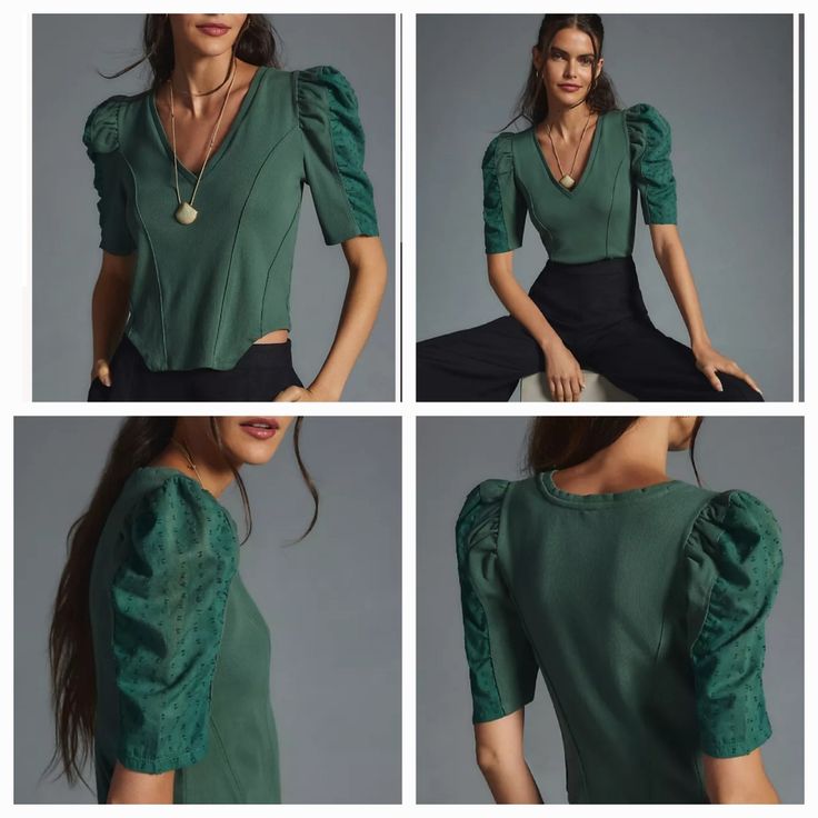 Anthropologie Puff-Sleeve Structured V-Neck Tee Blouse Top Fabric: Cotton & Elastane Brand New With Tags It's Never Too Early To Start Your Christmas Shopping!! Original Price: $68 Selling Online For $99.90 Size: Extra Small / Xs Color: Green / Holly Description: * V-Neck * Short Puff Sleeve * Ribbed On Top * Swiss Dot On Both Sleeves Approximate Measurements: * Bust - 15"Across (Laying Flat)16" Across (Stretched) * Length - 20.5" Machine Wash Cold From Non-Smoking Home With No Pets Bundle & Sav Short Puff Sleeve, Swiss Dot, Top Fabric, Cotton Blouses, Blouse Top, Selling Online, V Neck Tee, Christmas Shopping, Fabric Cotton