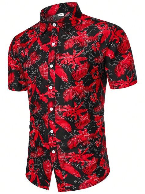 Multicolor Boho Collar Short Sleeve Fabric Tropical,All Over Print Shirt Embellished Non-Stretch  Men Clothing Multicolor Slim Fit Shirt For Summer, Red Tops With Casual Collar For Summer, Casual Multicolor Slim Fit Shirt, Multicolor Stretch Summer Shirt, Summer Multicolor Stretch Shirt, Casual Multicolor Stretch Shirt, Casual Stretch Multicolor Shirt, Summer Stretch Multicolor Shirt, Red Stretch Short Sleeve Shirt