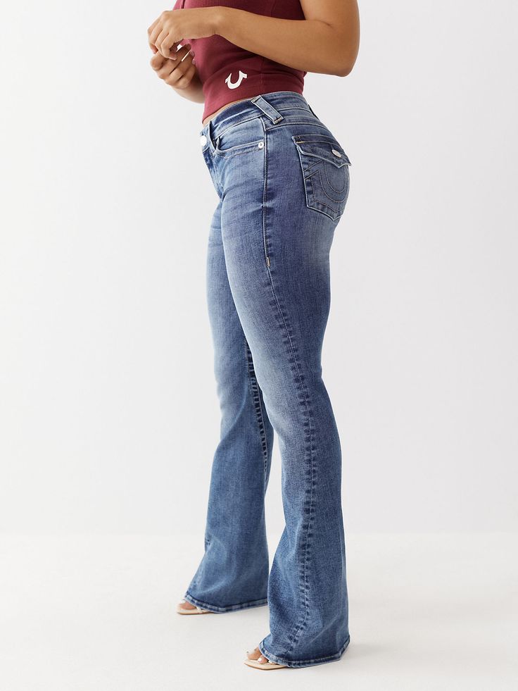 JOEY FLARE JEAN Medium Wash Mid-rise Flares With Five Pockets, Mid-rise Medium Wash Flares With Five Pockets, Flare Jeans With Frayed Hem, Medium Wash Flare Jeans With Frayed Hem, Faded Flare Jeans With Five Pockets, Mid-rise Faded Flare Jeans, Womens Flare Jeans, Denim Essentials, Womens Jeans Bootcut