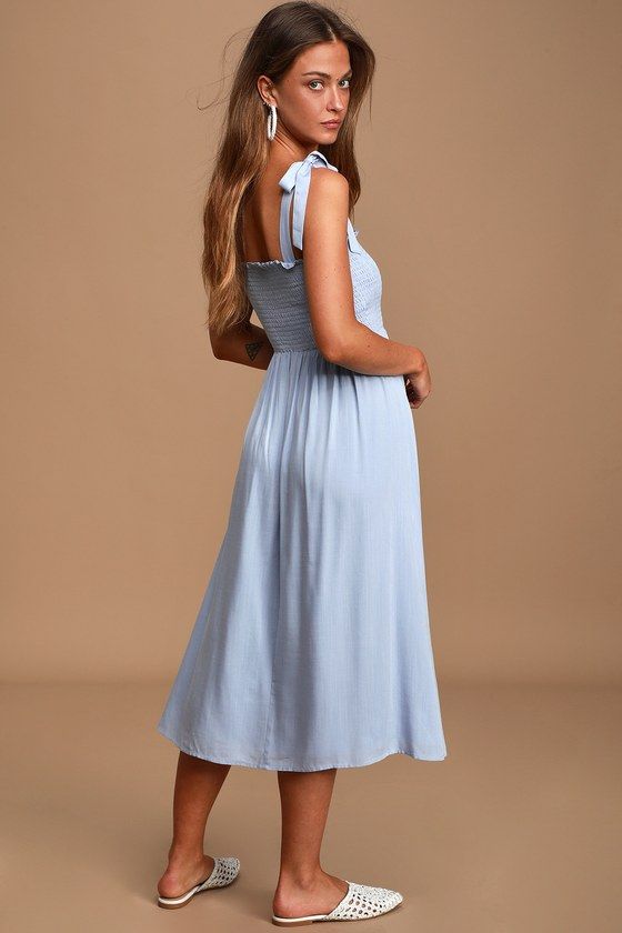 Honeymoon Fits, Light Blue Casual Dress, Light Blue Summer Dress, Light Blue Midi Dress, Bridgerton Vibes, Millennial Style, Tie Strap Dress, Easter Dresses For Toddlers, Blue Summer Dresses