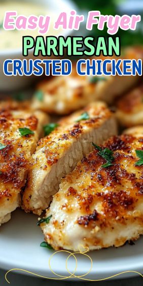 grilled chicken with parmesan sauce on the side and text overlay that reads easy air fryer parmesan crusted chicken