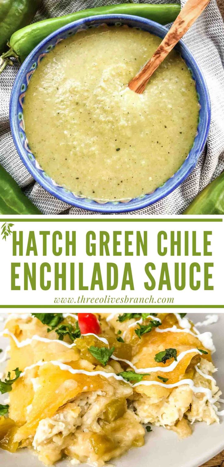 green chile enchilada sauce in a blue bowl and on a white plate