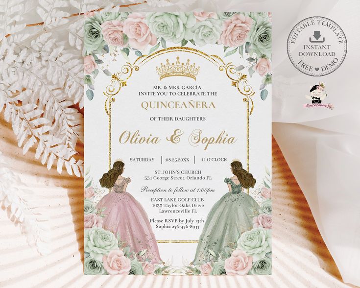 an ornate wedding card with two princesses in pink and green gowns, surrounded by flowers