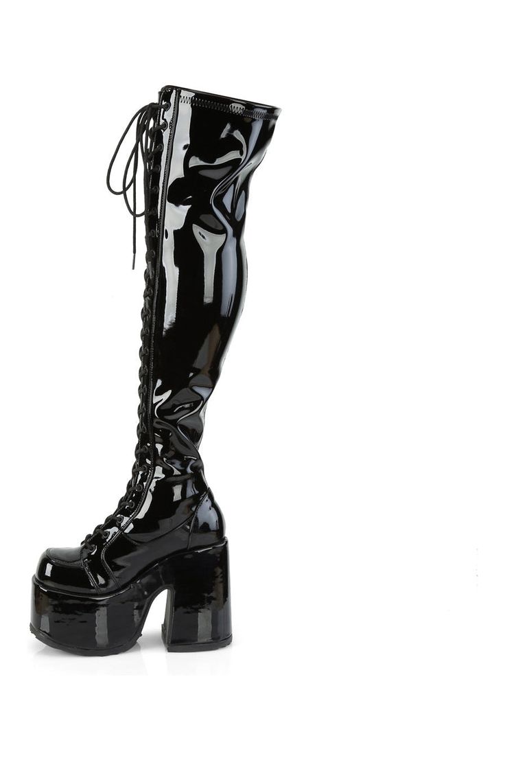 5" ChunkyHeel, 3" Platform Thigh-High Lace-UpBoot,OutSide Zipper - Fit Guide: Women's US Size Shown - Heel: 5" Heel, 3" Platform - Brand: Demonia - Country of Origin: Imported Edgy Black Over The Knee Platform Boots, Gothic Black Knee-high Heeled Boots, Edgy Black Over-the-knee Platform Boots, High Cut Black Platform Boots For Club, Fitted High Cut Black Platform Boots, Black Fitted High-cut Platform Boots, Fitted High-cut Black Platform Boots, Black Thigh High Platform Boots For Club, Black Thigh-high Platform Boots For Club