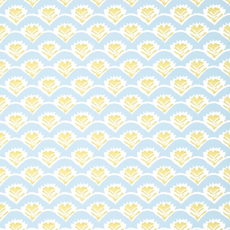 a blue and yellow wallpaper with hearts on it