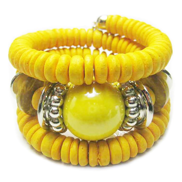 Pop art arm candy is the perfect way to add color to your day! A must-have for summer! Bright and fun, this glass and wooden bead combination will add some pizzazz to your summer!  The bracelet measures approximately 24 inches in total length when fully extended. The center bead décor is 1 inch in diameter. The unique wrap style is clasp-less and so easy to put on and take off; wrap it! It fits most wrist sizes with its wrap-around style; no need to guess if it will work; it will adjust with you Colorful Beaded Yellow Bracelets For Vacation, Adjustable Yellow Bracelet With Wooden Beads, Yellow Beaded Bracelets For Vacation, Yellow Beaded Bracelet For Vacation, Yellow Beaded Bracelet For Beach, Yellow Beaded Bracelets For The Beach, Yellow Wooden Beads Bracelet, Yellow Wooden Bead Bracelets, Yellow Bracelet With Round Wooden Beads