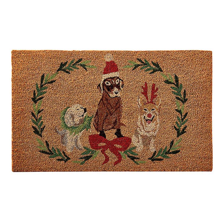 a door mat with an image of a dog and three other dogs in the center