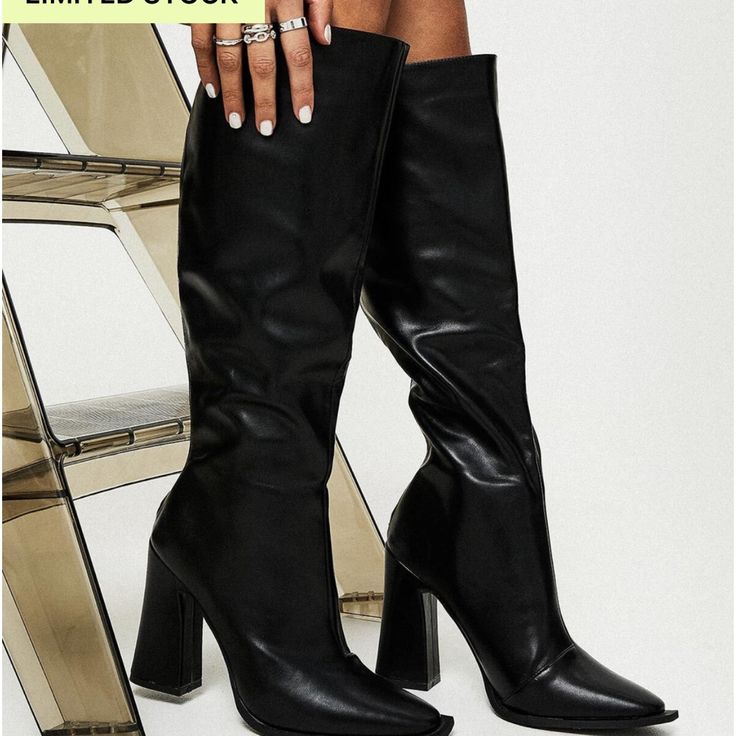 Keeley Boots Matte Black Never Worn Chic Winter Boots With Stacked Heel, High Heel Faux Leather Boots For Fall, Winter High Heel Boots With Stacked Heel, Fall Heeled Boots With Stacked Heel, Winter Knee-high Boots With Padded Heel And Pointed Toe, Tall Boots With Stacked Heel And Pointed Toe, Edgy Wide Calf Knee-high Boots For Winter, Edgy Wide Calf Platform Boots For Fall, Winter High Heel Knee-high Boots With Padded Heel