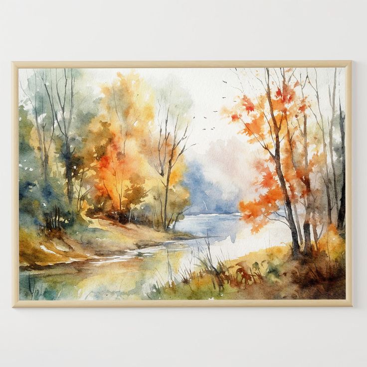 a watercolor painting of trees near a river in the fall with orange and yellow leaves