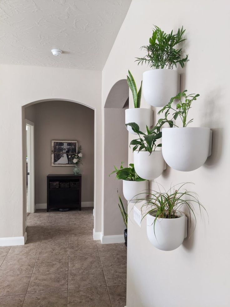 three white planters mounted to the side of a wall next to a hallway way