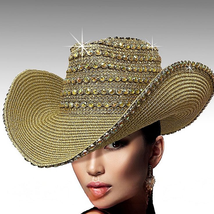 Cowboy Hats Are Trending, And Beloved Millinery Couture Has Taken It To A Whole Different Level With This Exquisite Handmade Western Pave Jeweled Cowboy Hat, A Dazzling Masterpiece That Exudes Luxury And Sophistication. Elevate Your Western Look To New Heights With This Handcrafted Marvel, Adorned With Intricate Pave Jewels That Shimmer And Shine With Every Step You Take. Perfect For The Fashion-Forward Trendsetter Who Craves Attention And Admiration At Every Turn. Whether You're Strutting Your Luxury Gold Wide Brim Hat, Elegant Gold Hat Band For Beach, Elegant Gold Hat Bands For Summer, Gold Bohemian Party Hat, Bohemian Gold Party Hat, Gold Fedora Straw Hat For Party, Gold Fedora Hat For Party, Gold Fedora For Party, Elegant Brimmed Sun Hat For Rodeo