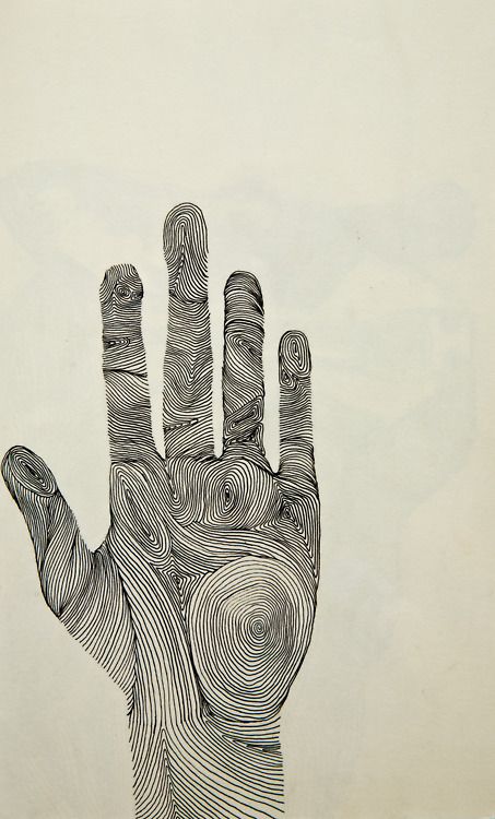 a black and white drawing of a hand with spirals on it's palm