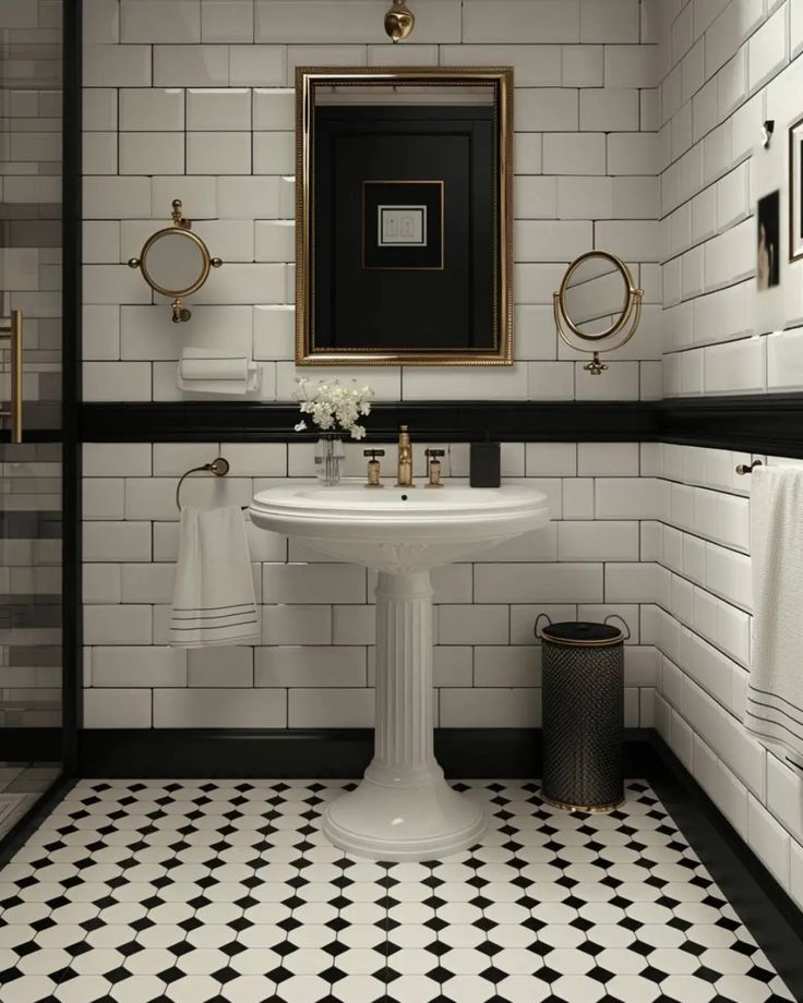 a black and white tiled bathroom with gold accents