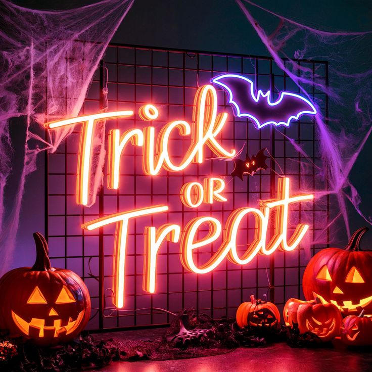 halloween pumpkins and bats in front of a neon trick or treat sign on display