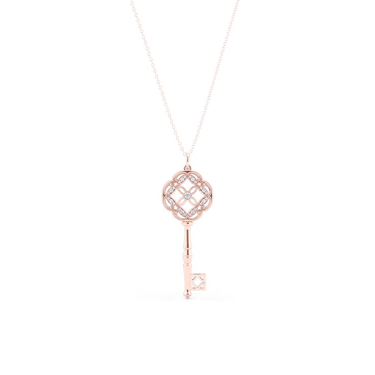 Mauresque Key Necklace When Moroccan style and French Colonial Design interlaced, a Mauresque architecture was born. Our Key pendant is a tribute to the intricate Mauresque, with its carved friezes and beautiful tile work. DETAILS Hand-Fabricated Item | Made to Order • Key: 14K Sustainable, Solid Rose Gold • Chain: 14K Sustainable, Solid Rose Gold • Diamond Melee: 0.18 total carat weight F,G / VS | ROUND BRILLIANT • Fully customizable item Elegant Rose Gold Jewelry With Intricate Design, Ornate Rose Gold Jewelry With Intricate Design, Elegant Rose Gold Filigree Necklace, Luxury 14k Rose Gold Necklaces, Luxury White Gold Jewelry With Timeless Design, Luxury Engraved Rose Gold Necklace, Luxury Engraved Rose Gold Jewelry, Ornate Rose Gold Filigree Jewelry, Luxury Yellow Gold Jewelry With Timeless Design