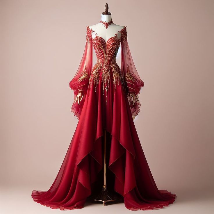 Y/n is the second eldest princess born three minutes after her twin A… #fanfiction #Fanfiction #amreading #books #wattpad Red And Gold Tulle Dress, Red Gold Dress Gowns, Prom Dresses Gold And Red, Red Wedding Dress Sleeves, Gold And Red Gown, Fiery Wedding Dress, Red And Gold Formal Dress, Crimson Red Wedding Dress, Red Queen Gown