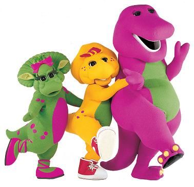 three toy dinosaurs standing next to each other with their arms around one another's neck