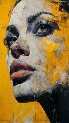 a painting of a woman's face with yellow paint and black hair on it