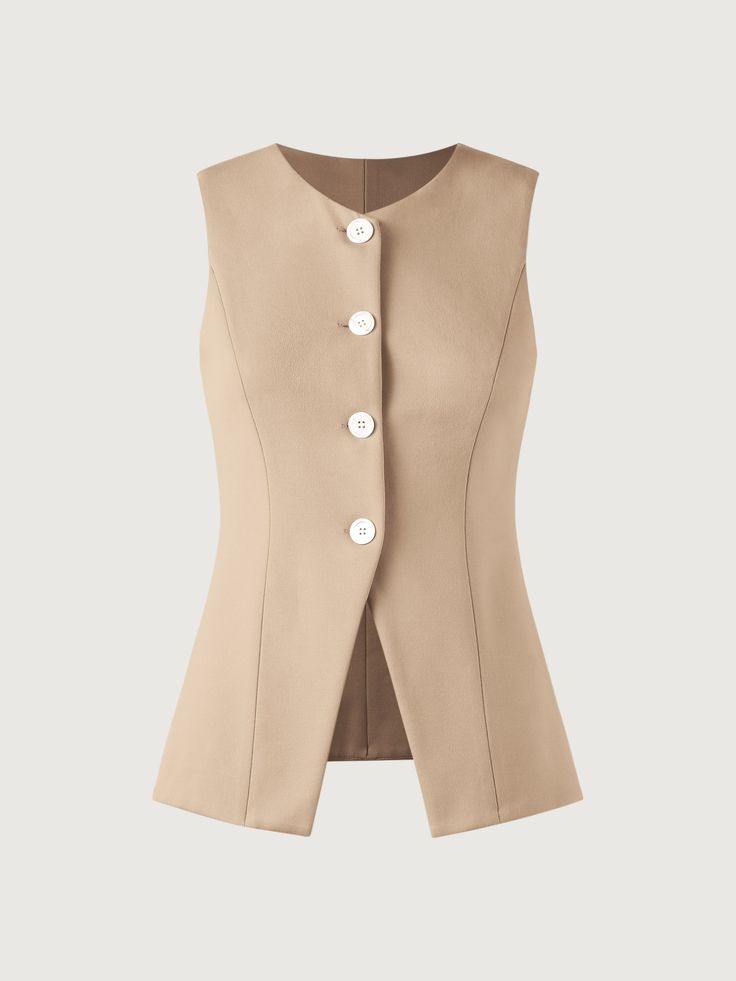 Chic V-neck Vest With Button Closure, Sleeveless Solid Outerwear With Button Closure, Sleeveless Outerwear With Button Closure, Beige Button Closure Vest For Work, Beige Workwear Vest With Button Closure, Chic V-neck Outerwear With Buttons, Elegant V-neck Vest With Buttons, Single-breasted V-neck Vest For Fall, Single-breasted Button-up Vest For Work