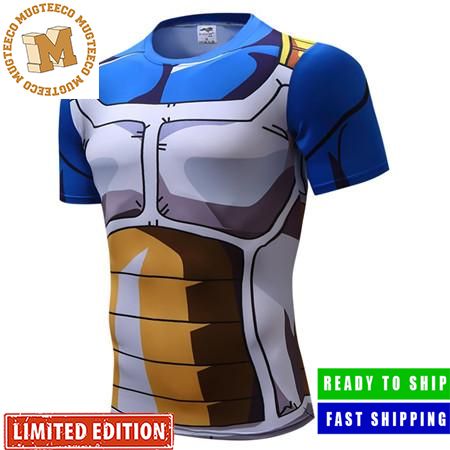 Dragon Ball Z Vegeta Saiyan Armor All Over Print Workout Unisex T-Shirt Fitted Sports T-shirt With Graphic Print, Sports T-shirt With Character Print And Short Sleeves, Stretch Short Sleeve T-shirt With Sublimation Print, Blue Sports Tops With Character Print, Blue Sports Top With Character Print, Fitted Multicolor T-shirt With Sublimation Print, Summer Sporty T-shirt With Character Print, Character Print Tops For Summer Sports, Fitted Graphic Print T-shirt For Sports