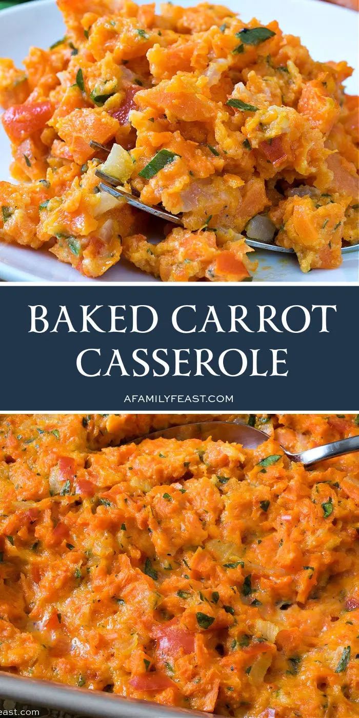 baked carrot casserole in a white dish with spoons on the side and text overlay