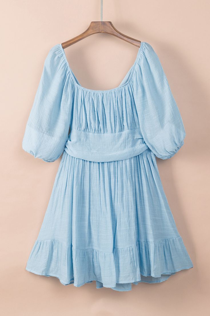 Sky Blue Bow Knot Square Neck Ruffled High Waist Mini Dress Vacation Puff Sleeve Dress With Ruffles And Square Neck, Casual Puff Sleeve Dress With Ruffles For Beach, Vacation Puff Sleeve Dress With Square Neck And Ruffles, Light Blue Square Neck Mini Dress With Ruffles, Light Blue Mini Dress With Ruffles And Square Neck, Square Neck Puff Sleeve Dress With Ruffles For Vacation, Summer Puff Sleeve Dress With Ruffles For Vacation, Blue Mini Dress With Ruffle Hem For Daywear, Blue Mini Dress With Ruffle Hem And Square Neck