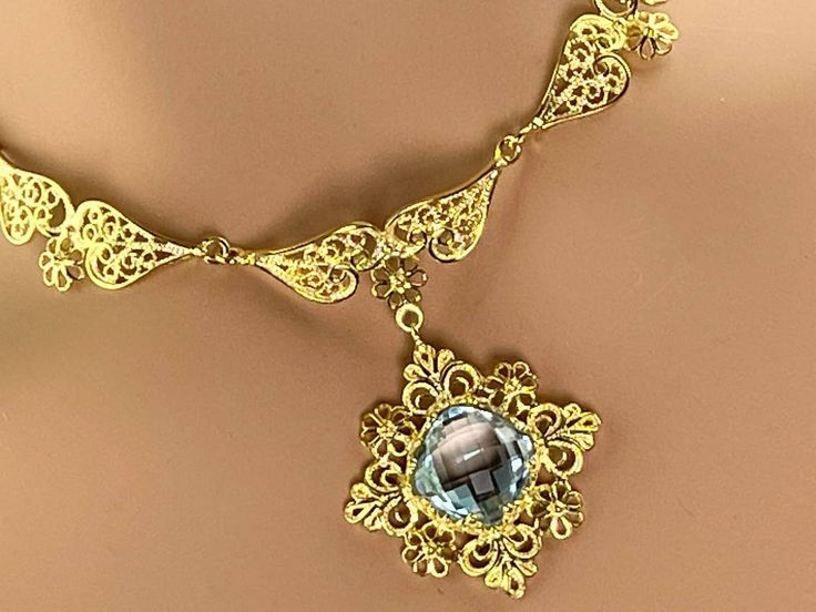 14K Solid Gold Blue Topaz Necklace Designer Filigree Floral - Etsy Heirloom Blue Necklaces For Weddings, Blue Victorian Filigree Jewelry, Wedding Topaz Pendant Necklace, Elegant Gold Blue Topaz Necklaces, Heirloom Gemstone Necklace For Formal Occasions, Antique Jewelry With Elegant Design For Gift, Victorian Topaz Jewelry For Formal Occasions, Victorian Filigree Jewelry For Formal Occasions, Blue Topaz Pendant Necklace For Wedding