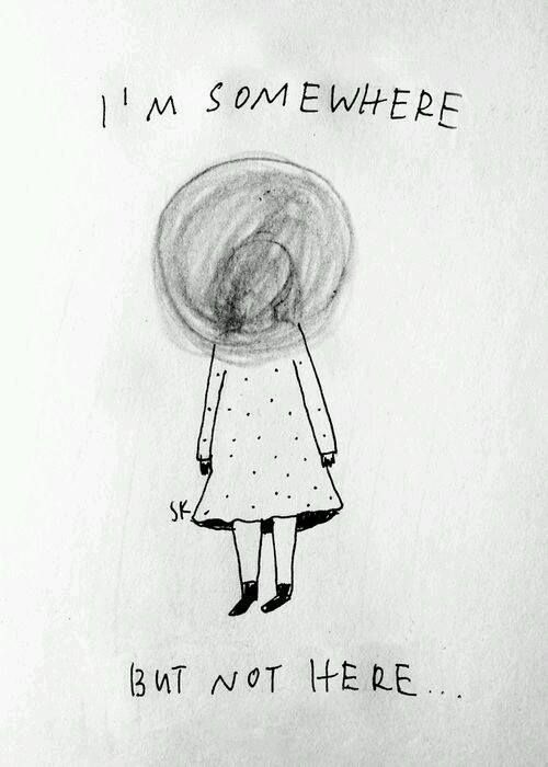 a drawing of a girl with an umbrella over her head and the words, i'm somewhere but not here