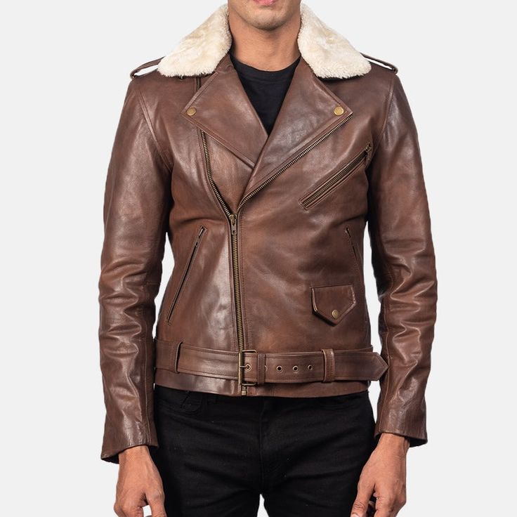 This brown leather jacket with a shearling fur collar has a sleek biker-style look with a contemporary touch. Made of fine-quality top-grain leather, this jacket has a rugged, edgy look with a fur collar, making it durable and comfortable. This versatile leather jacket in biker style is luxury and can be paired with almost every outfit on casual and semi-formal occasions. This brown biker leather jacket has a shirt-style wide-notch lapel, removable shearling fur, and an asymmetrical front zipper Rugged Winter Outerwear For Biker Events, Winter Biker Jacket With Padded Collar, Rugged Brown Biker Jacket For Winter, Winter Moto Biker Jacket With Padded Collar, Brown Winter Biker Jacket For Biker Events, Fall Leather Aviator Biker Jacket, Leather Biker Jacket For Fall, Winter Biker Leather Jacket With Padded Collar, Winter Leather Jacket With Padded Collar For Biker Events