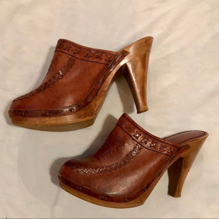 *Size 6 *Never Worn, In Great Condition I Am Unsure Of The Brand, I Purchased Them At An Art Market Several Years Ago. I Love Them But They Are Just Too Snug For Me. Brown Western Heels With Almond Toe, Brown Western Almond Toe Heels, Western Brown Almond Toe Heels, Vintage Brown Mules With Leather Sole, Western Brown Closed Toe Heels, Western Style Brown Closed Toe Heels, Leather Closed Toe Clogs With 4-inch Heel, Rustic Brown Mules With Round Toe, Brown Leather Clogs With 4-inch Heel