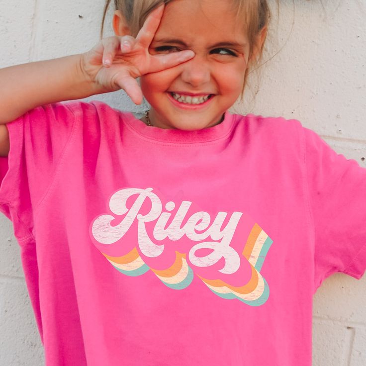 Personalized Shirt for Kids Retro Groovy Girls Custom Name - Etsy Trendy Pink T-shirt With Name Print, Playful Pink T-shirt For School, Cute Personalized Crew Neck T-shirt, Pink Summer Tops With Name Print, Pink T-shirt With Name Print For School, Pink T-shirt With Name Print For Summer, Summer Pink T-shirt With Name Print, Pink Summer T-shirt For School, Pink Crew Neck Top For Birthday