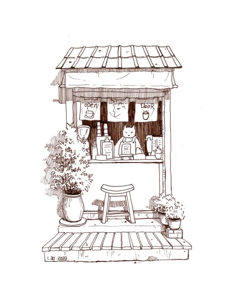 an ink drawing of a small store with flowers and potted plants in the window