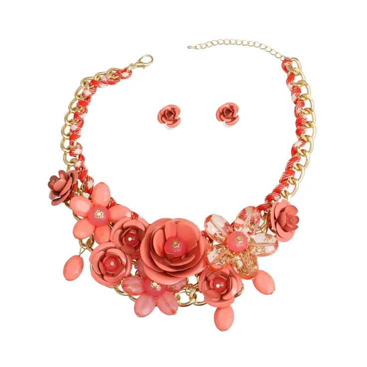 Gold Metal Chain Woven With Fabric Collar Necklace Set Featuring Metal Dark Coral Roses And Flower Detailing. Detail Measures Approx 2.85 Inches Long. Rose-colored Flower Jewelry For Party, Rose Flower Jewelry For Party, Pink Rose Design Jewelry For Valentine's Day, Pink Flower Jewelry With Rose Design, Feminine Pink Jewelry With Rose Design, Pink Flower-shaped Necklaces With Roses, Pink Flower Shaped Necklace For Party, Pink Flower Necklace For Party, Elegant Pink Flower Necklace For Jewelry Making