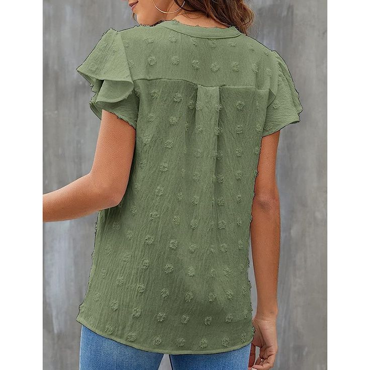 Army Green Swiss Dot Ruffle Sleeve V Neck Blouse Flounce Sleeve, Swiss Dot, Neck Ruffle, Chiffon Blouse, V Neck Blouse, Women Tops, Types Of Collars, Chiffon Tops, Army Green