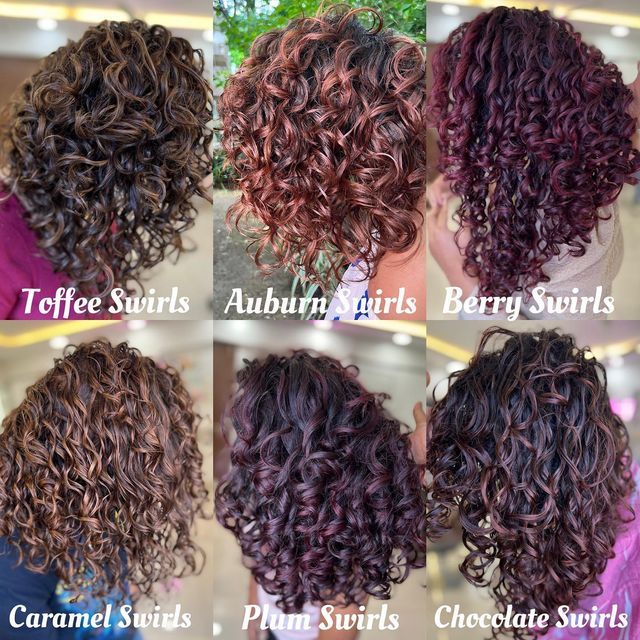 Haircolour Ideas For Curly Hair, Auburn Hair Color Swatches, Curly Hair Colouring Ideas, Curly Black Hair Color Ideas, Color Dyed Curly Hair, Different Colored Highlights, Different Hair Dye Styles Curly Hair, Curly Coloured Hair Natural Curls, 3b Curly Hair Dye Ideas