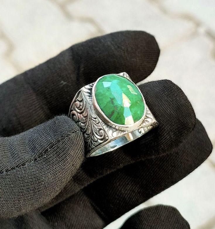 "Attention : This ring is completely handmade by silver masters! Emerald Stone Original Gemstone Handmade Gravur 925K Silver Ring  This incredible silver ring is engraved from 100% handmade natural gemstone. This shiny Emerald gemstone ring, has a modern and vintage vibe for daily using. You can use it for daily or special days. The engraving details of pure 925 Sterling Silver Handmade Ring are very detailed and eye-catching and our product's gemstone is 100% natural. You can prefer this vintage style silver ring like gift for your friends or family. It's a perfect gift for birthday, valentine's day, International Women's Day, anniversary, statement(cocktail) or christmas. Our model is silver and made by handengraved. Emerald stone is used on the upper part of 925 Sterling Ring.  Only sto Sterling Silver Emerald Ring Collectible, Silver Emerald Collectible Ring, Handmade Oval Silver Emerald Ring, Collectible Sterling Silver Emerald Ring, Artisan Silver Oval Emerald Ring, Handmade Artisan Sterling Silver Emerald Ring, Handmade Artisan Emerald Ring For Anniversary, Artisan Handmade Emerald Ring For Anniversary, Collectible Oval Emerald Ring In Sterling Silver